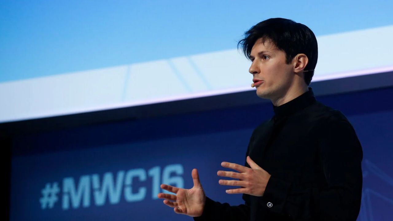 Image of Pavel Durov, the founder and CEO of Telegram, who was recently arrested at Le Bourget Airport in France, with the Telegram logo and Toncoin (TON) cryptocurrency symbol in the background.